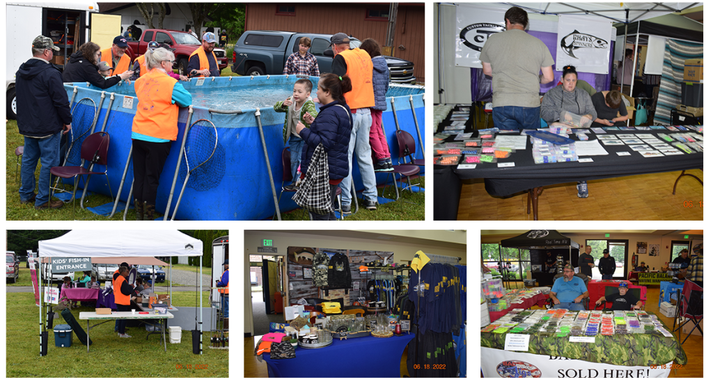 collage of five photos with kids fishing in above ground pool; people at a table with pamphlets on it; a white pop up tent with a person and tables; a table set up with lots of merchandise including shirts, hats, and glassware; and a another table with pamphlets on it