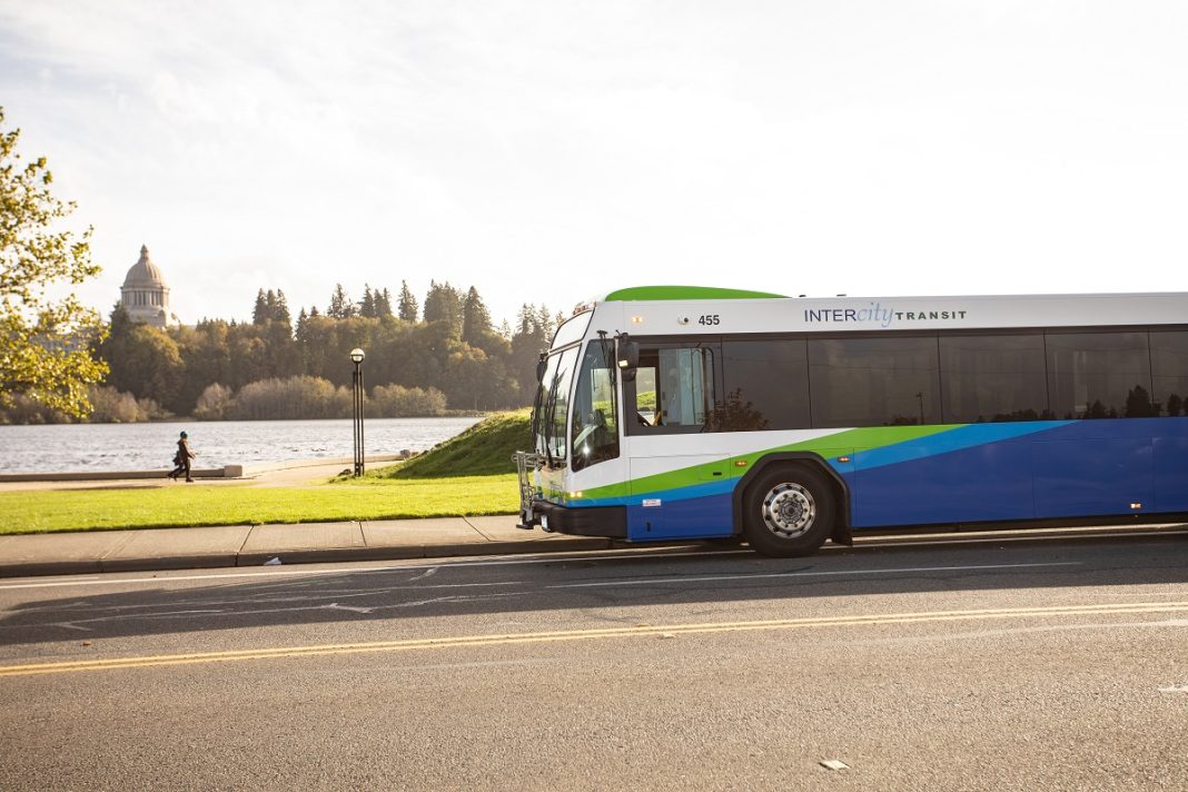 Intercity Transit bus with Capital Lake in the background