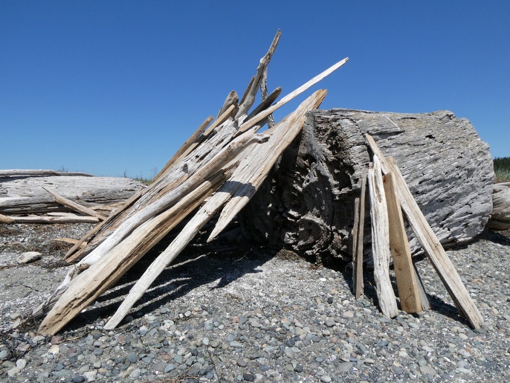 a driftwood fort, shaped like a teepee, on a rocky beach