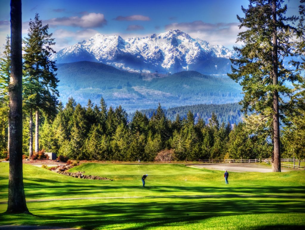 golf course with trees and mountains in the background