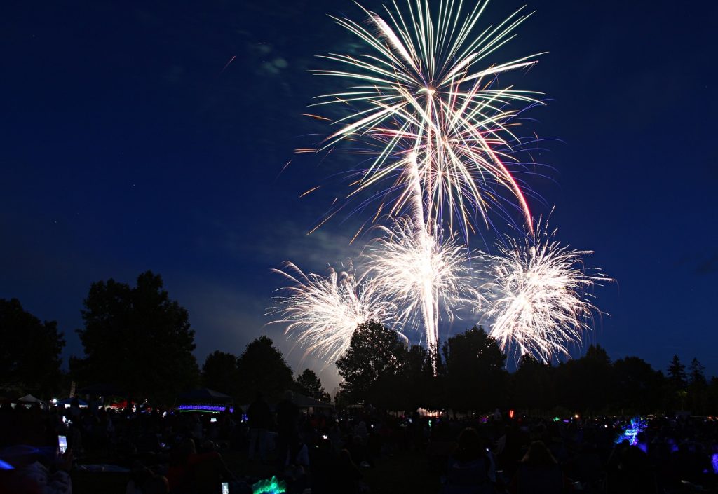 black night sky with four fireworks going off in white light