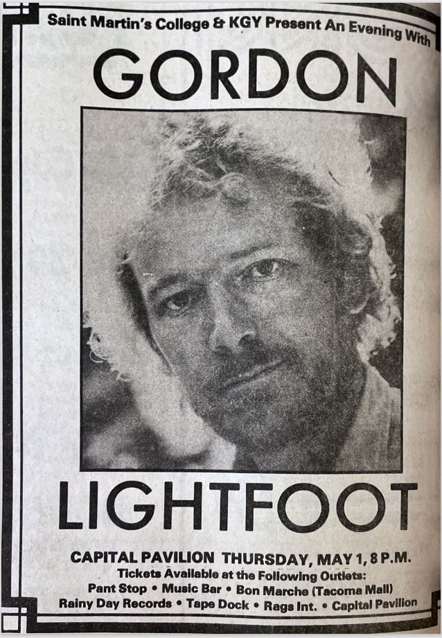 black and white photo of Gordon Lightfoot with the word 'GORDON' above and 'LIGHTFOOT" below and some smaller text