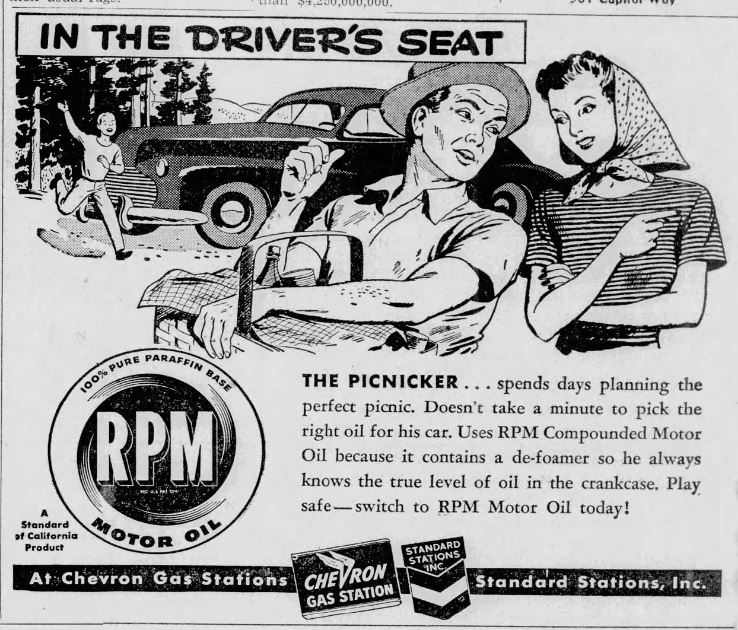 black and white cartoon ad with an old fashioned car and a kid running by it. Two people with just their torso's showing are in front of car, man holding a picnic basket. Text says, 'In the driver's seat. The picnicker...spends day planning the perfect picnic. Doesn't take a minute to pick the right oil for his car. Uses RPM Compound Motor Oil because it contains a de-foamer so he always knows the true level of oil in the crankcase. Play safe - switch to RPM Motor Oil today!