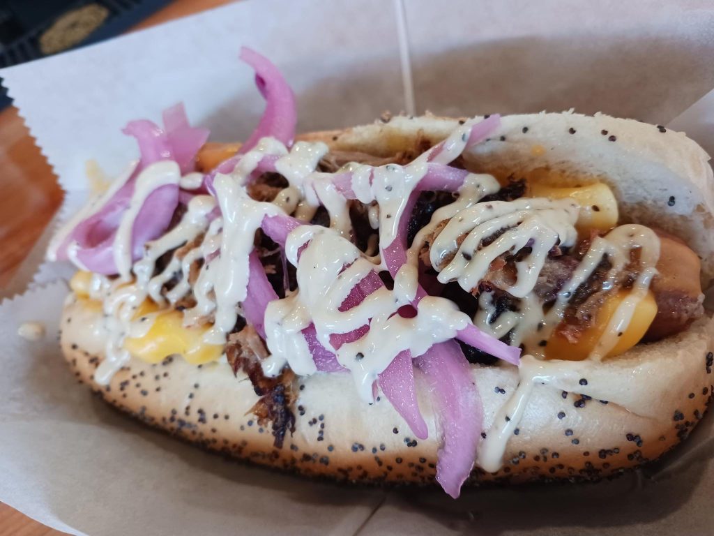 up close of a gourmet hot dog with a white saw, red onions and other toppings