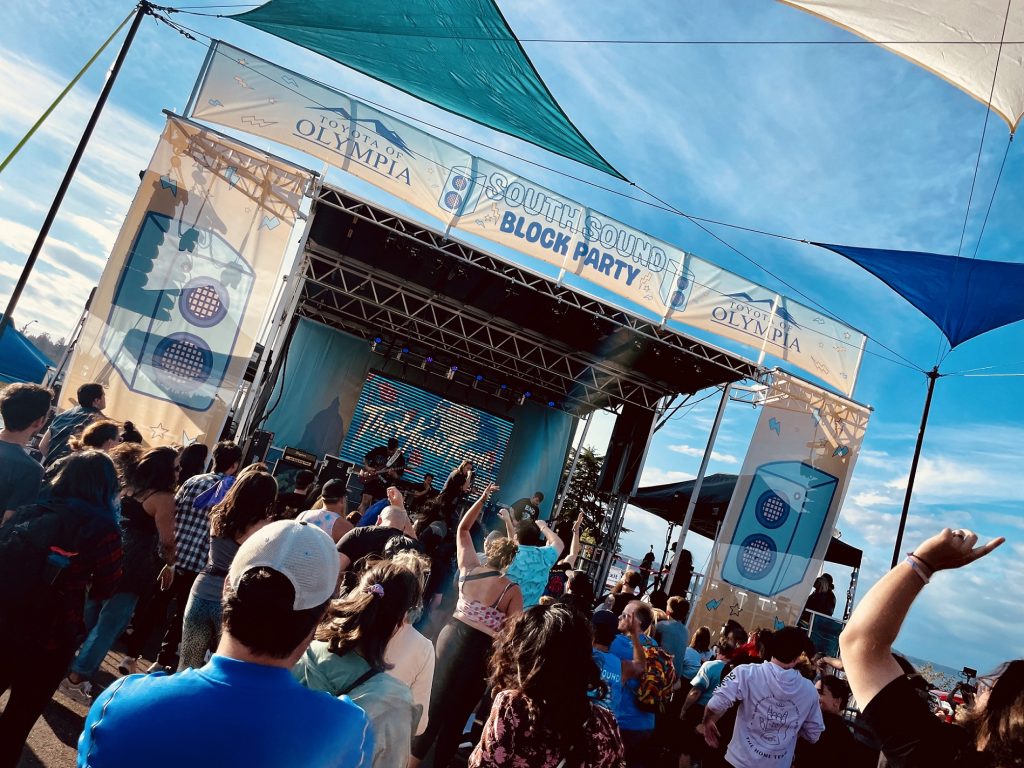 people standing in front of an outdoor stage with a band performing