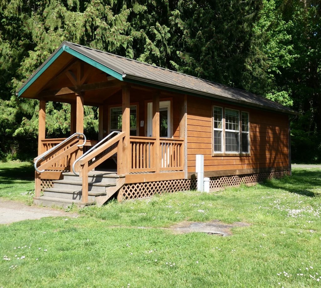 wooden log cabin with a green roof in among the trees