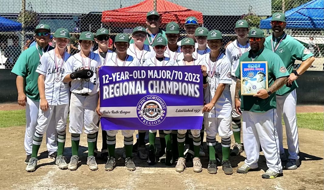 Black Hills 12U All Stars baseball team group photo, holding up a banner that says, '12-year-old Major/70 2023 Regional Champions.'