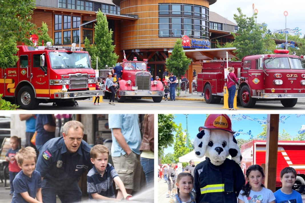 collage of photos from summer splash including kids with a fire truck, and a person dressed as a dalmatian with a fire hat on.