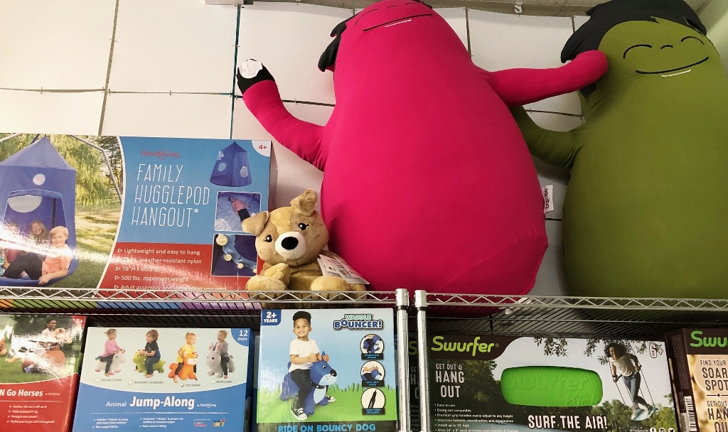 Different sensory items, including large stuffed-animals, on shelves at Sensory Tool House in Olympia