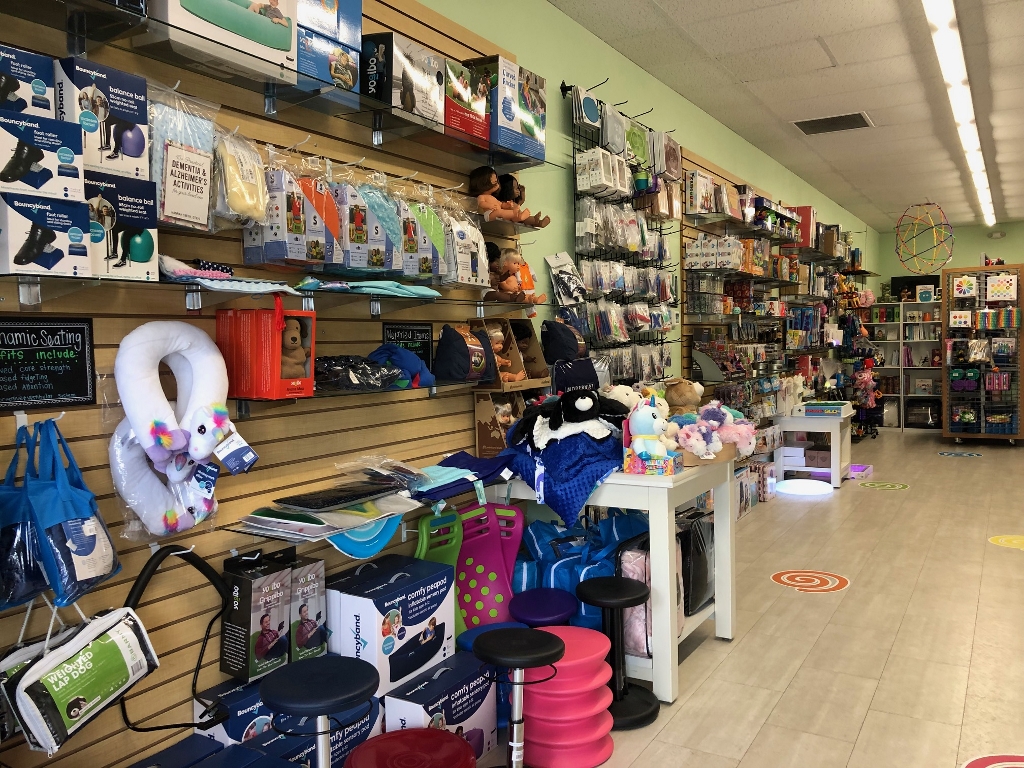 Shelves stocked with sensory items at Sensory Tool House in Olympia