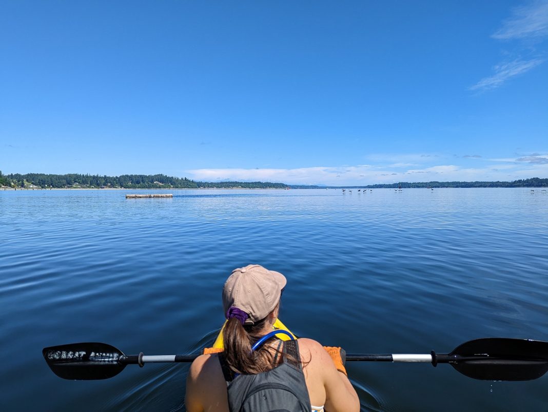 woman in a kayak holding her oars up looking out to sea