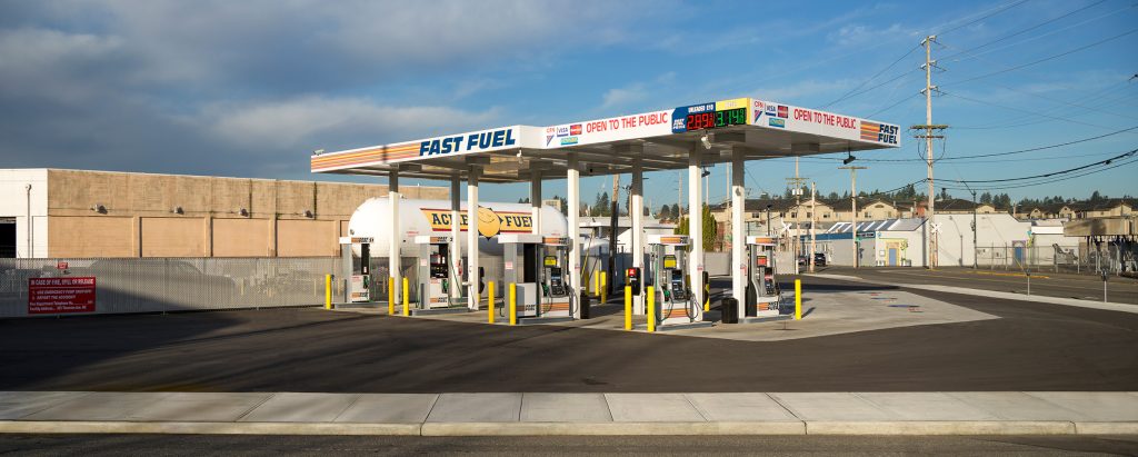 A Fast Fuel gas station from across the street.
