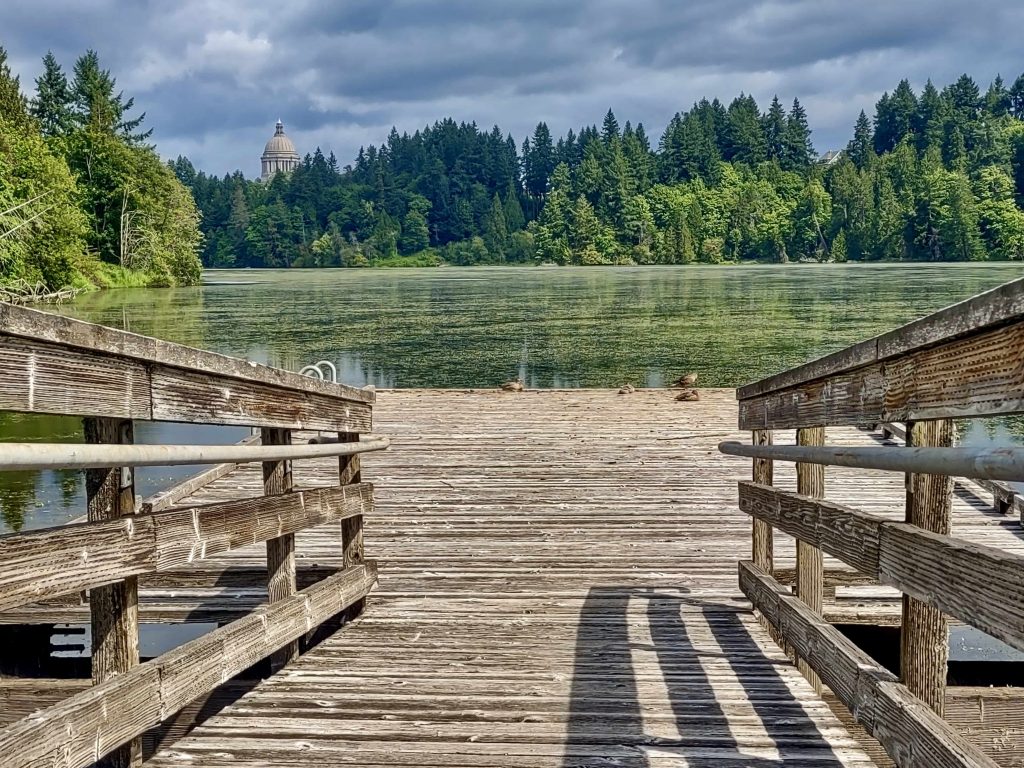 wooden dock looking out into the Capitol Lake