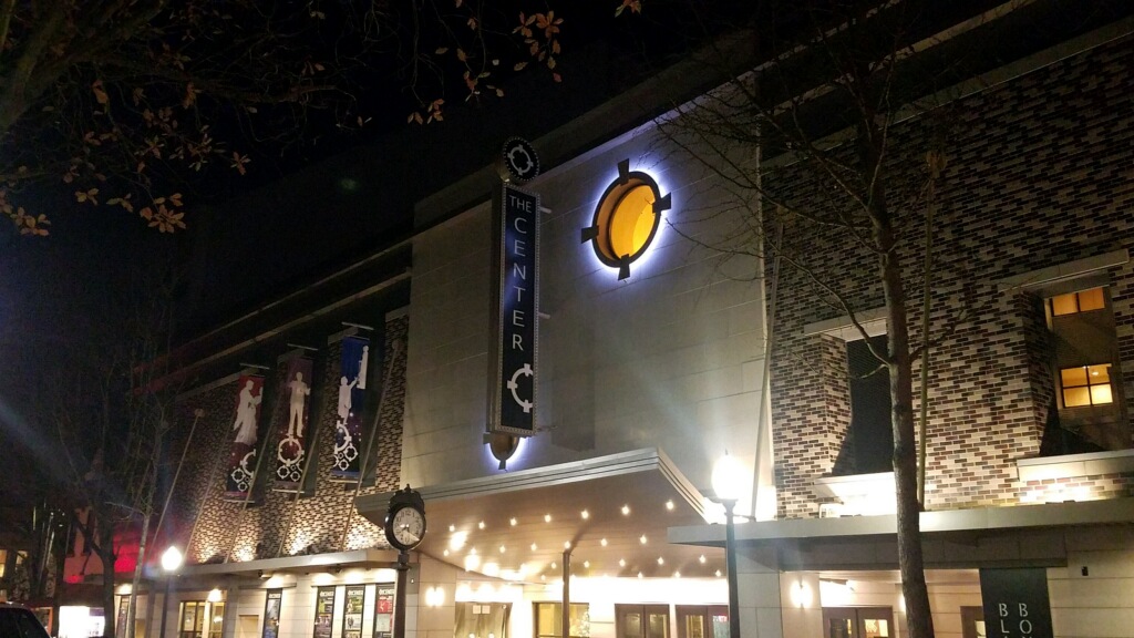 The Washington Center for the Performing Arts in Olympia lit up at night