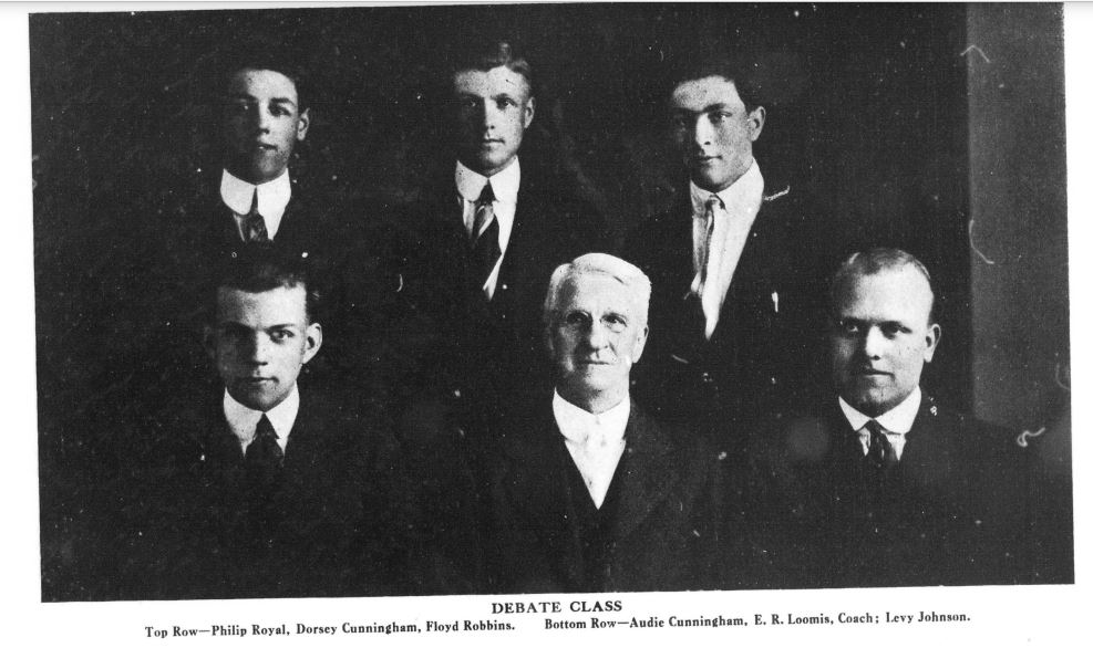 black and white photo of five young men students and Mr. Eli Loomis