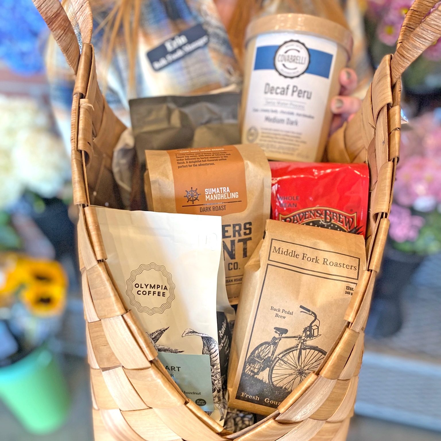 basket full of coffee in paper bags