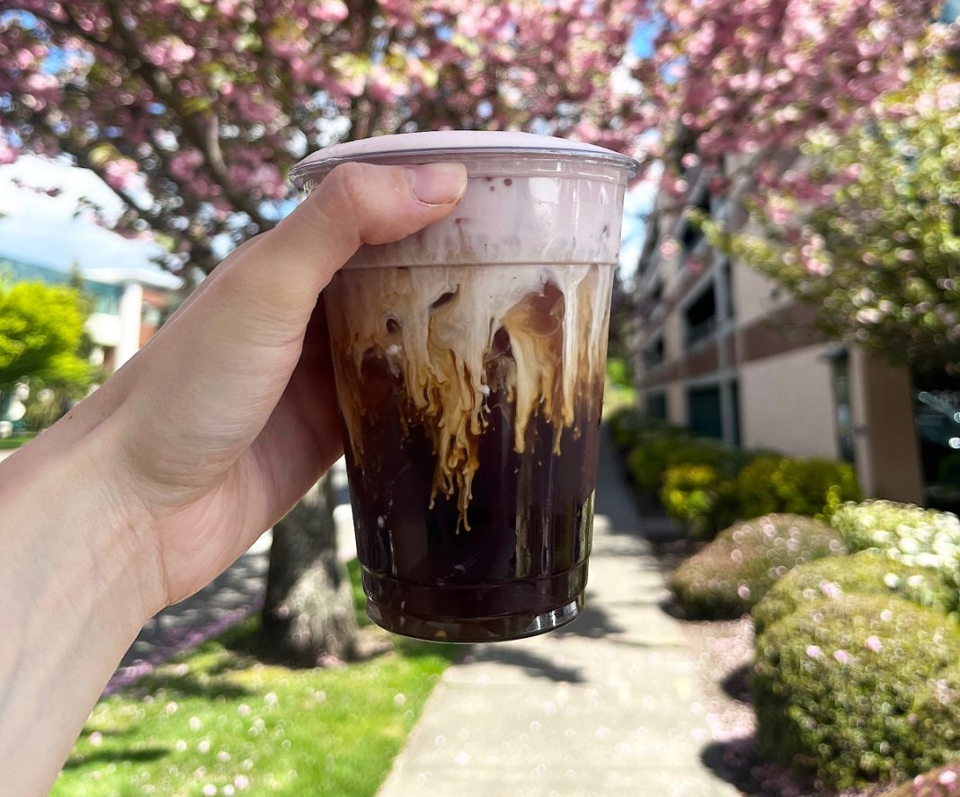 a hand holding up an iced coffee drink with chocolate running down the sides, a sidewalk and blooming cherry tree are in the background