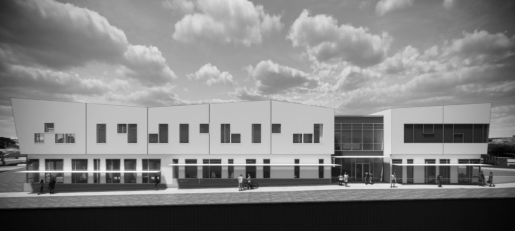 A black and white photo of the The Nisqually Healing Center building