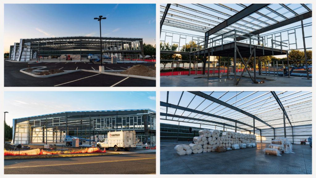 Collage of four photos showing the outside of a warehouse on River Drive.