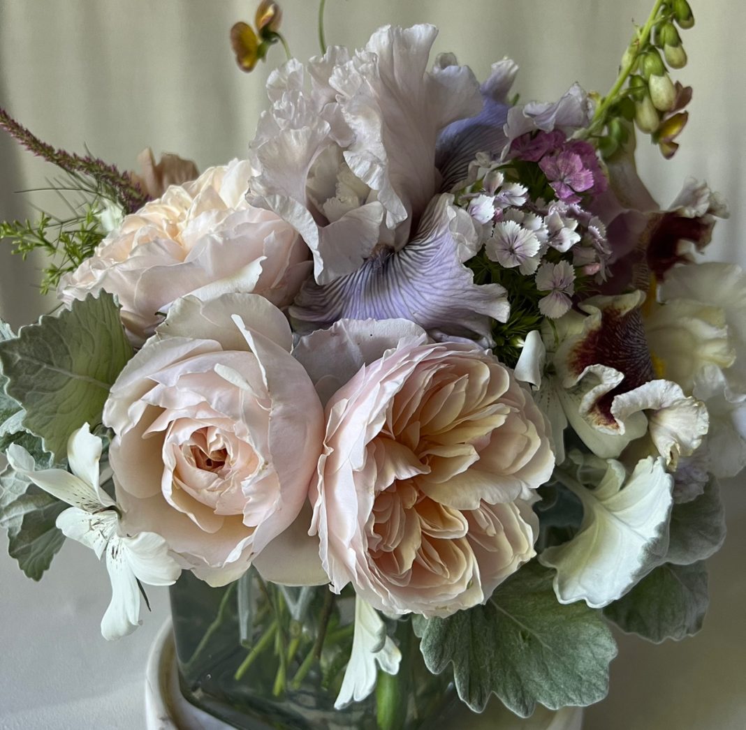 large bouquet of white, light pink and light purple flowers