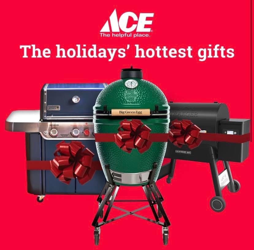 Three grills with big red bows on them against a red background that says, 'Ace Hardware. the Holiday's hottest gifts'