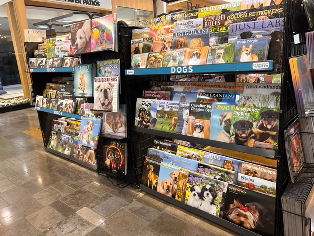 Display of wall calendars on metal shelves