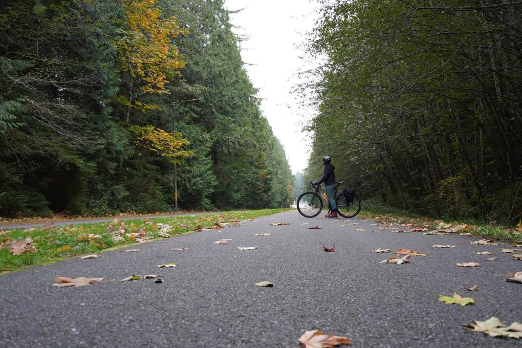 a bike rider on a paved trail surrounded by trees at The Evergreen State College