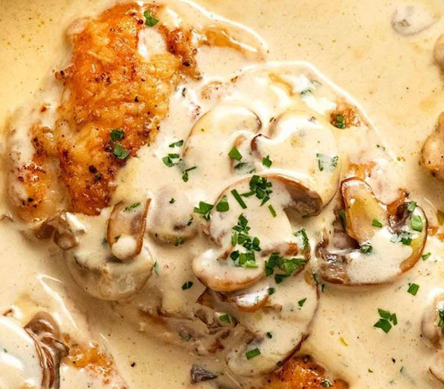 Jean-Pierre's panko chicken breast topped with their Drambuie liqueur and mushroom cream sauce comes served with mashed potatoes and fresh vegetables.