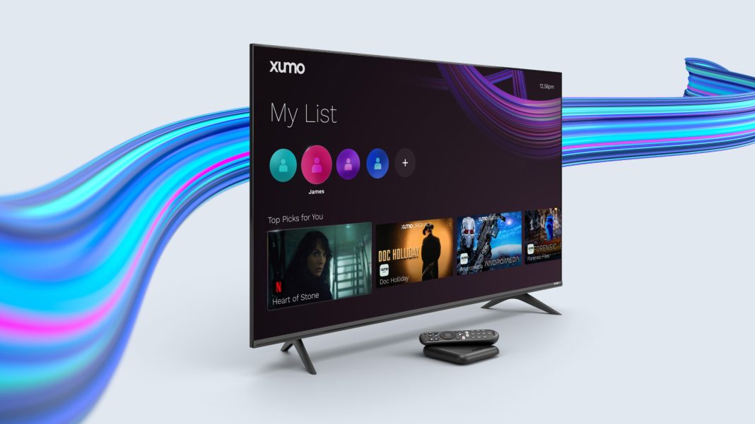 a TV with app icons on it against a white background with a blue wavy line