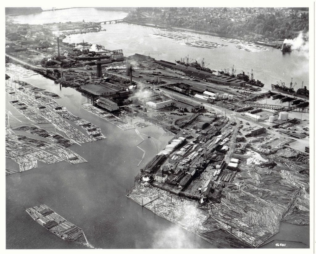 black and white aerial photo of the Port of Olympia in 1946