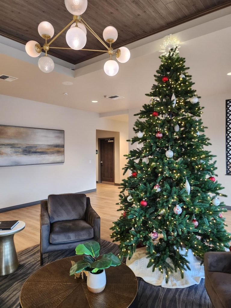 a Christmas tree in Harbor Heights with two chairs on either side and a round table with a plant in front.