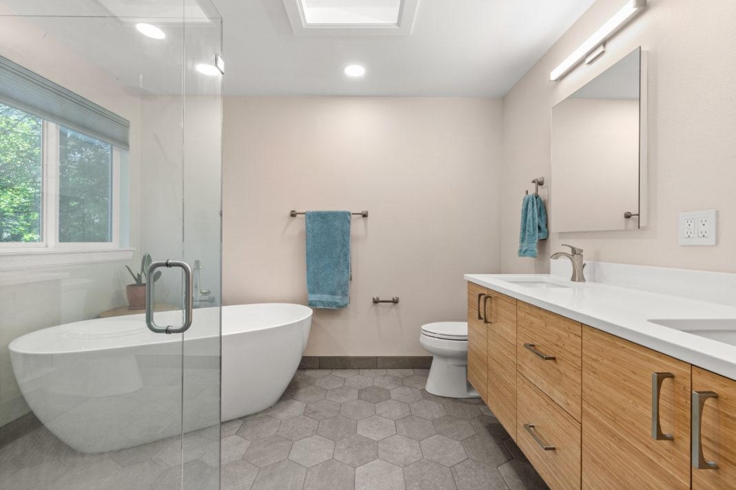 a bathroom with a tub and separate shower, countertop and toilet