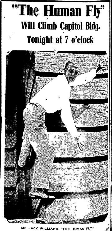 Newspaper clipping showing Jack Williams climbing a building with the caption 'The Human Fly will climb Capitol Bldg. Tonight at 7 o'clock'