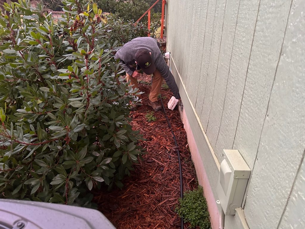 Venables Pest Management technician looking at a house's vent