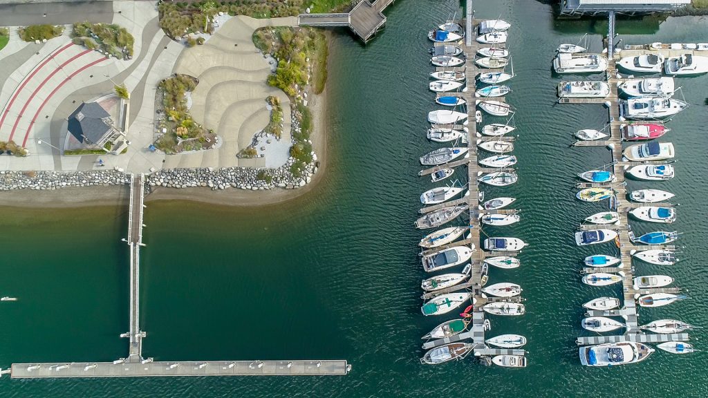aerial view of boats in the docks at Port of Olympia