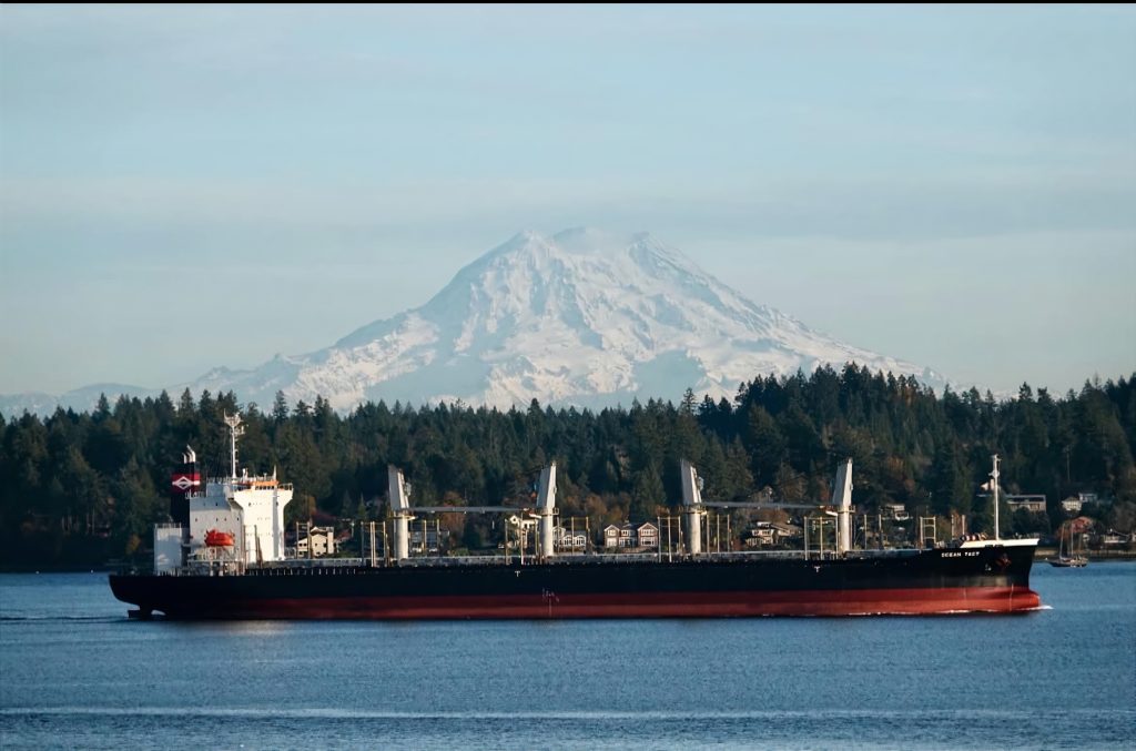 view of a large vessel on the Sound with Mount Rainier in the background