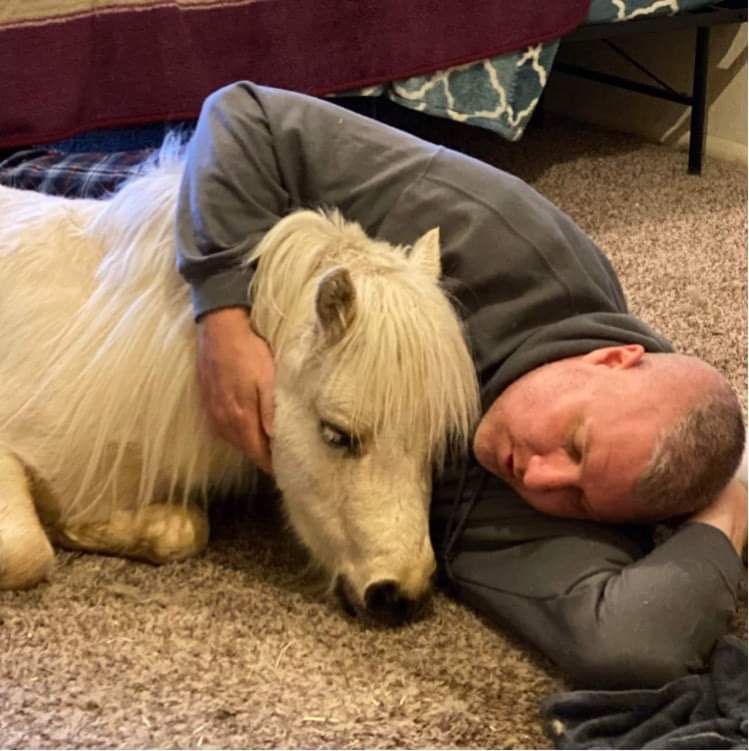 Matt asleep on the ground with Apollo lying next to him. He has his arm around Apollo's neck.