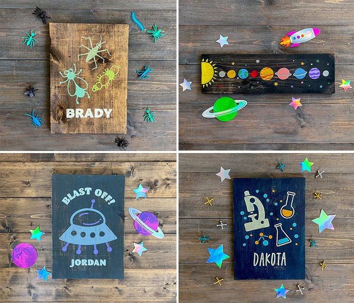 four photos of different wood projects at Board & Brush, all with STEM-themes
