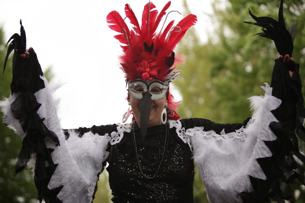 woman in a black, white and red bird outfit with her arms in the area.