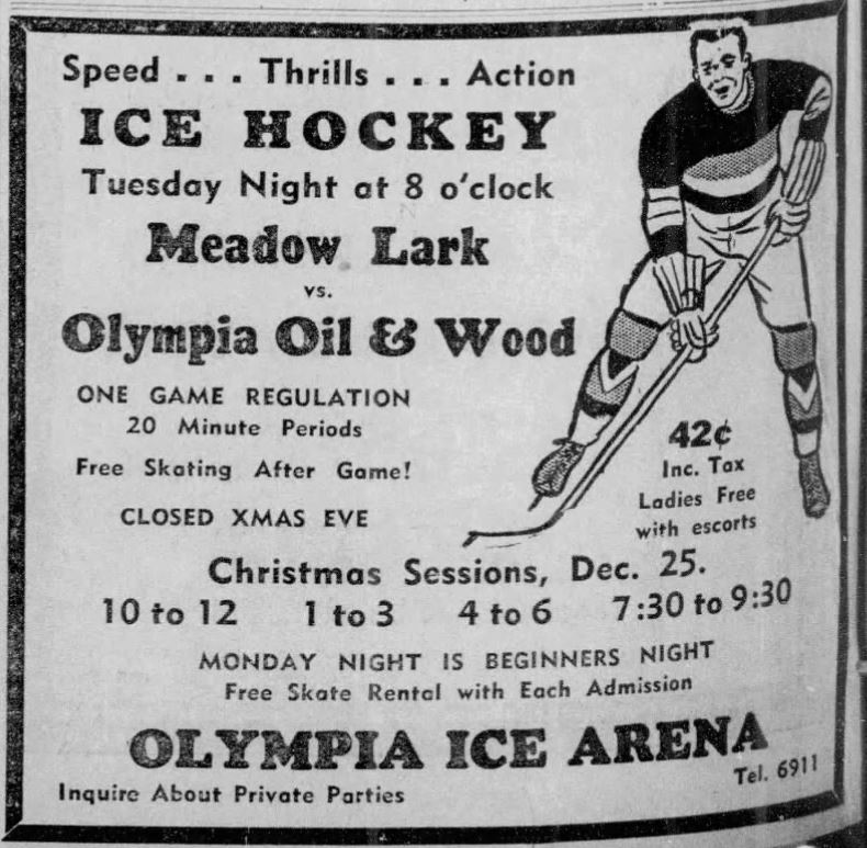 black and white print ad with a drawing of a hockey player and text on it.