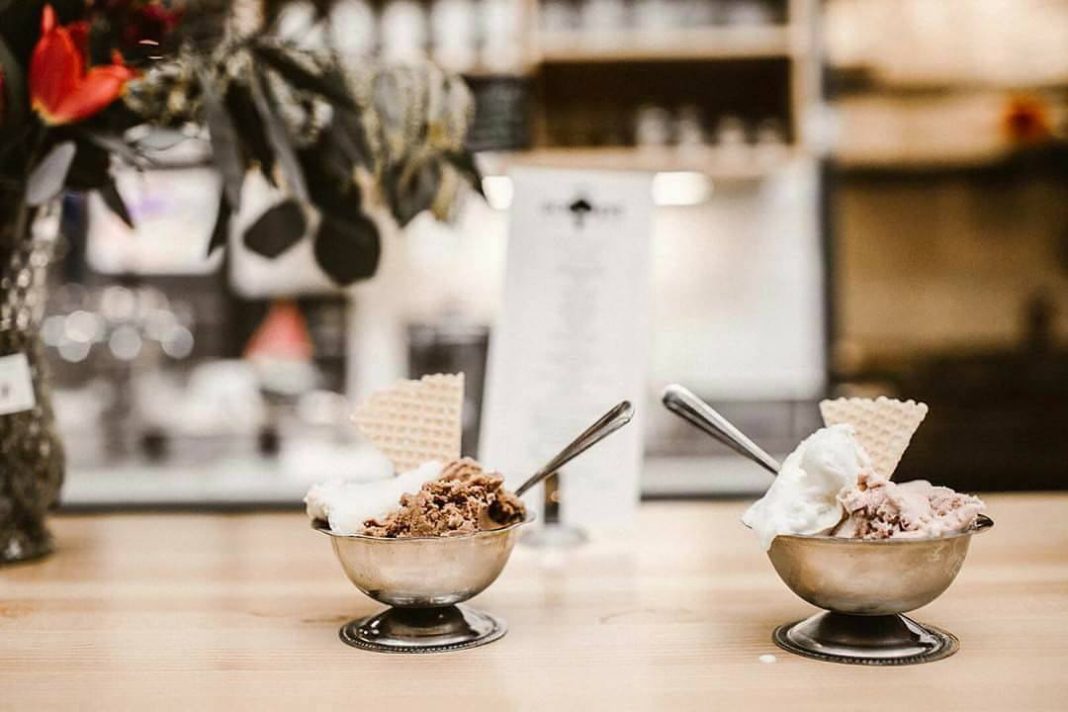 two dishes of dairy-free ice cream sitting on a counter. Each metal dish has a waffle cone wafer in it.
