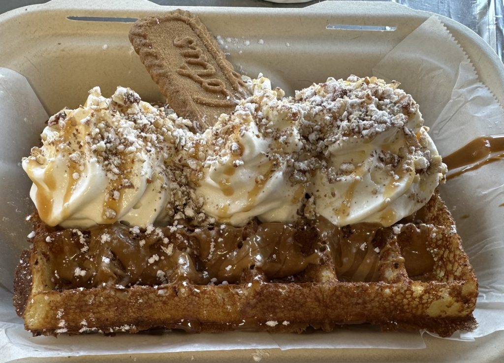 a waffle covered in spices, whipped cream, sprinkles and a butter cookie