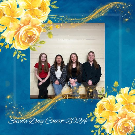 Swede Day court 2024 posed for a photo with a blue digital frame with yellow roses around it