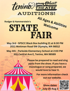 Auditions for Tenino Young-at-Heart Theatre's summer musical of Rodger & Hammerstein's STATE FAIR @ SPSCC Black Box building 21-PM
