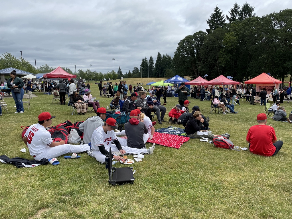 people on a large lawn sitting on blankets and chairs. Pop-up tents in the distance