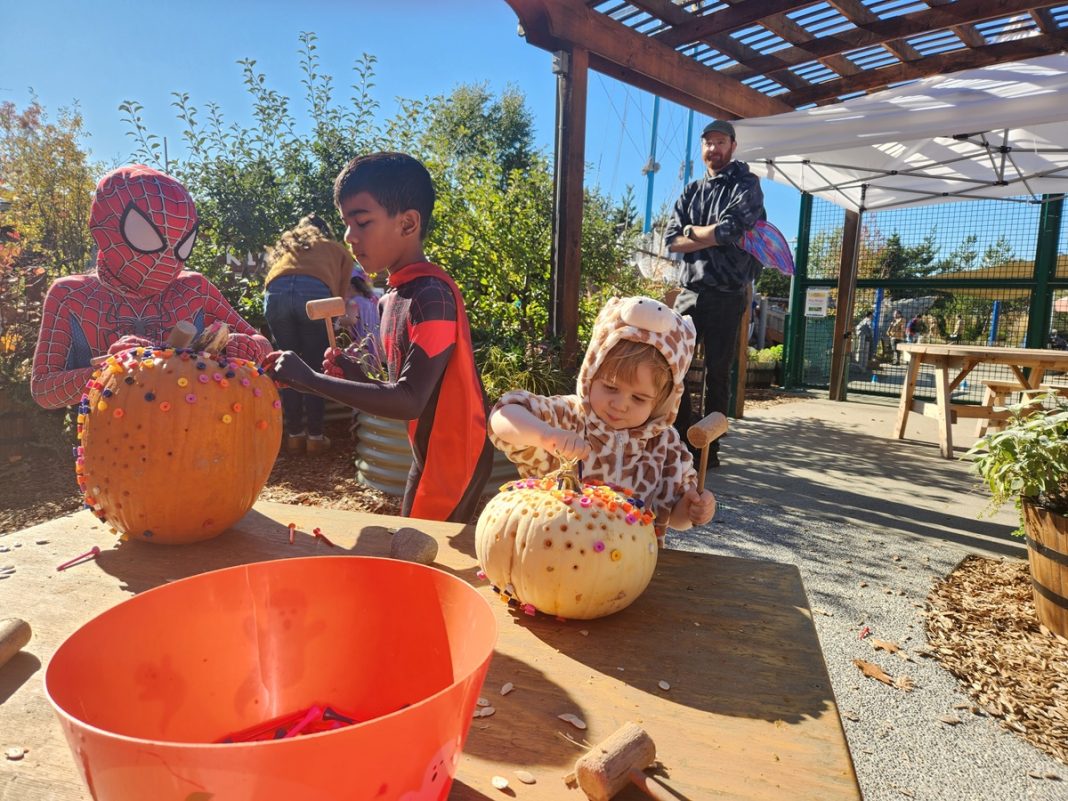 kids in Halloween costumes are pouding golf tees into pumpkins on a table at Hands on Children's Museum's Boo Bash