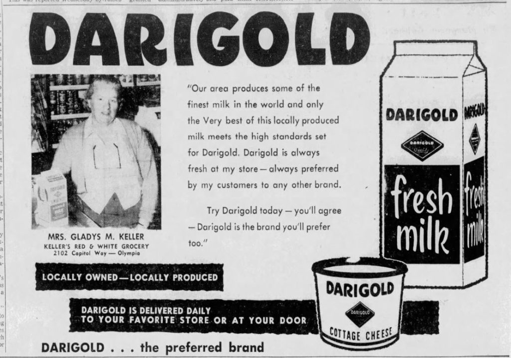 black and white darigold ad with a photo of Mrs. Gladys M Keller, drawn photos of milk and cottage cheese cartons and text