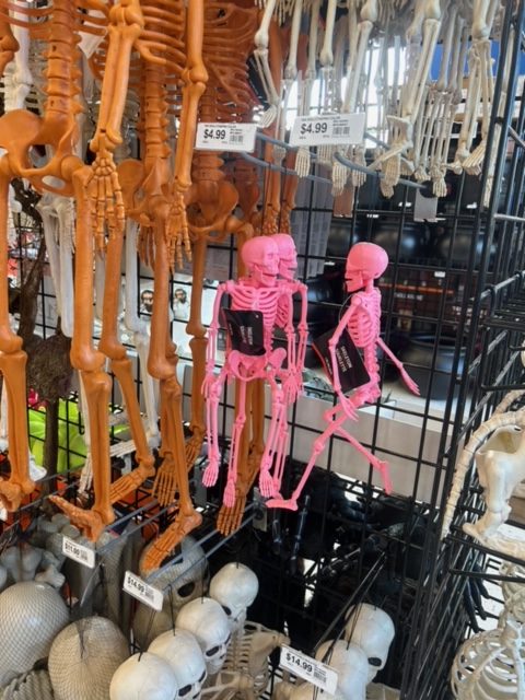 a bunch of pink, orange and white skeletons hanging on a display rack