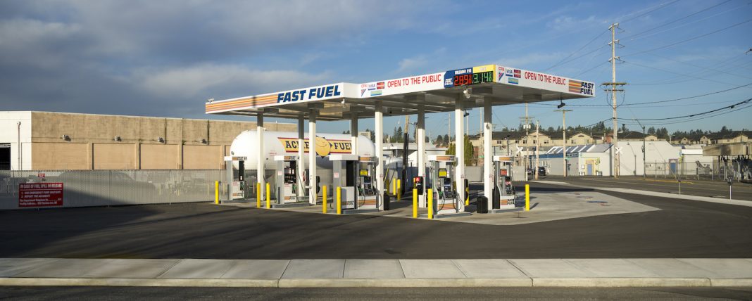Fast fuel gas station from a distance