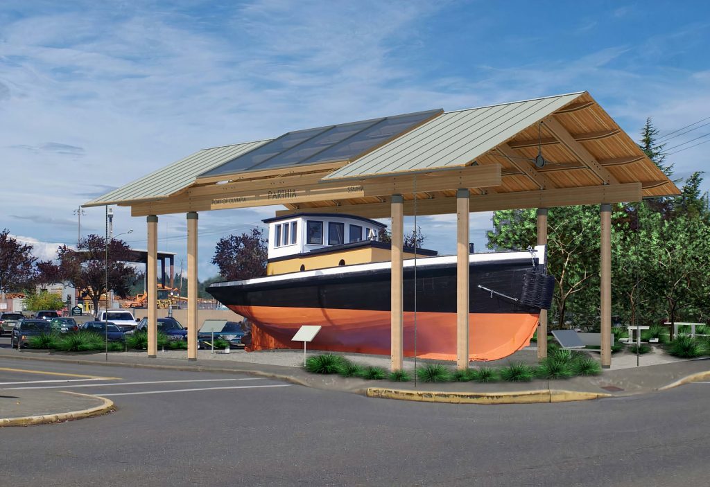a rendered drawing of the tugboat Parthia on display on land under a large cover